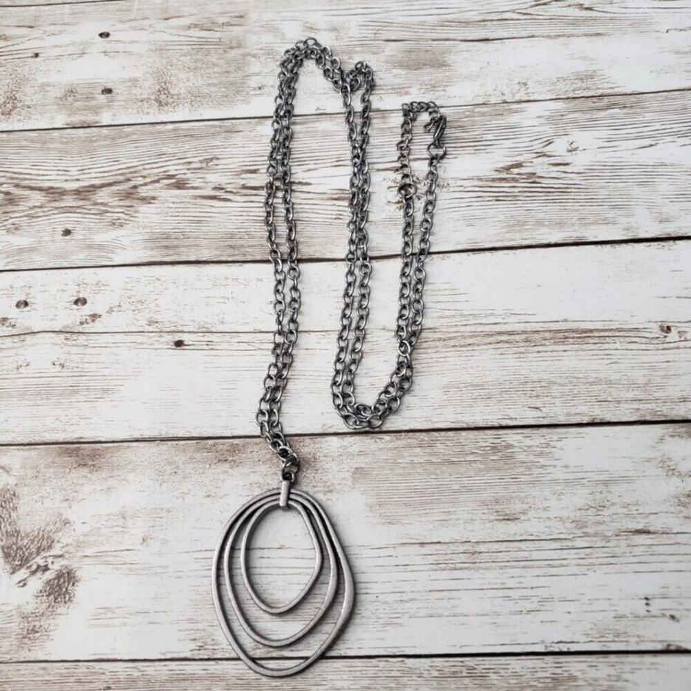 Vintage Necklace Dark Silver Tone / Gray Uneven Oval Pendant
